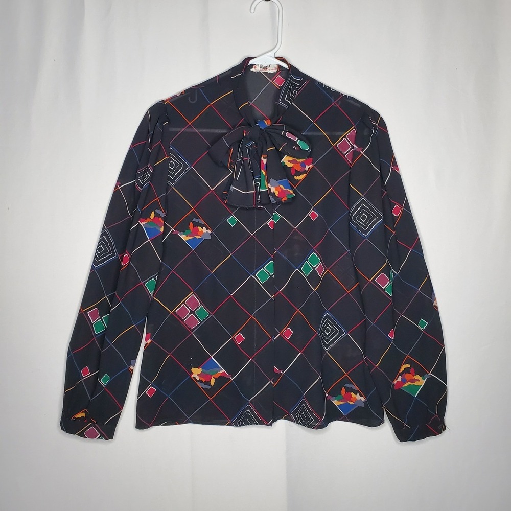 Malbe Bow Tie Neck Button Blouse 9/10 Black Scenery Abstract Artsy Vtg Secretary